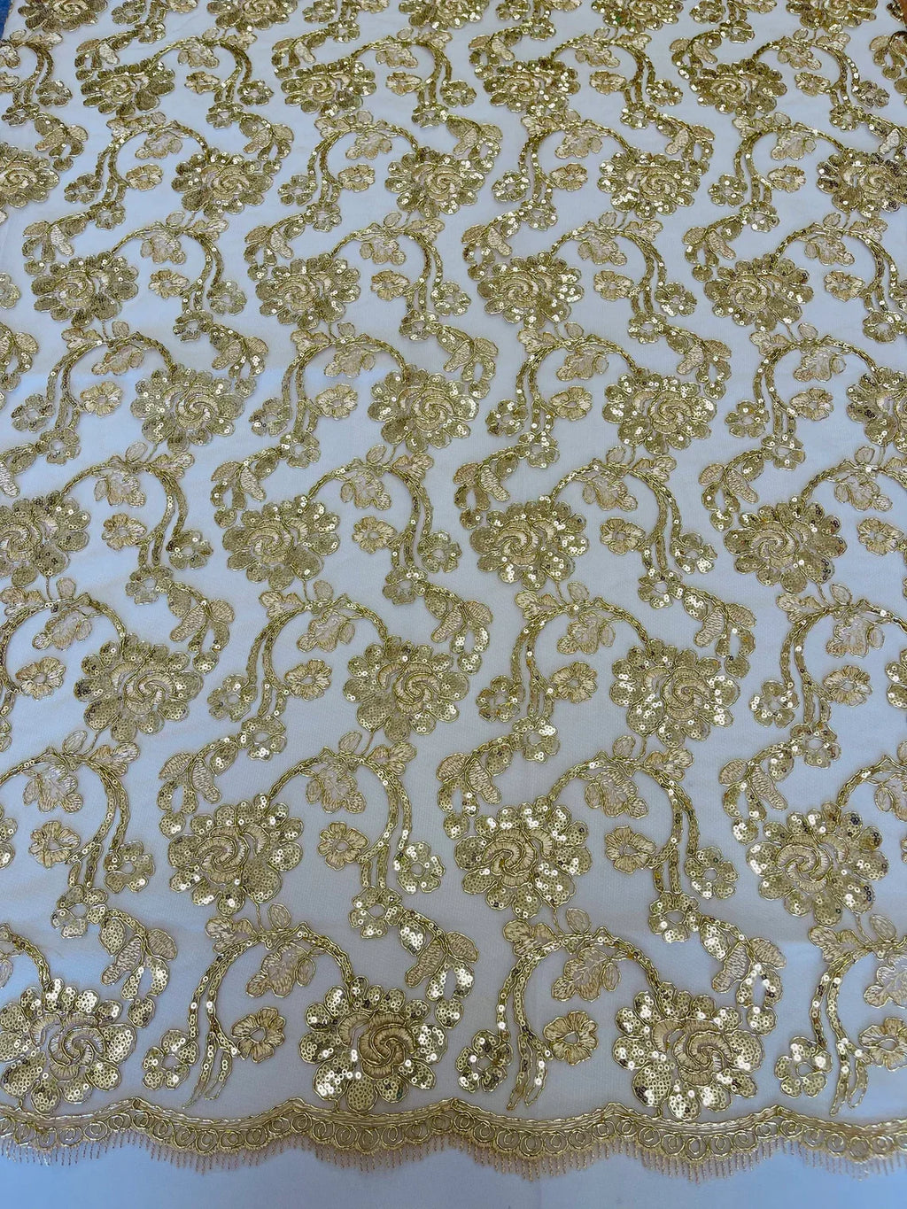 Embroidered Flower Lace - Champagne - Corded Floral Lace With Sequins Sold By Yard