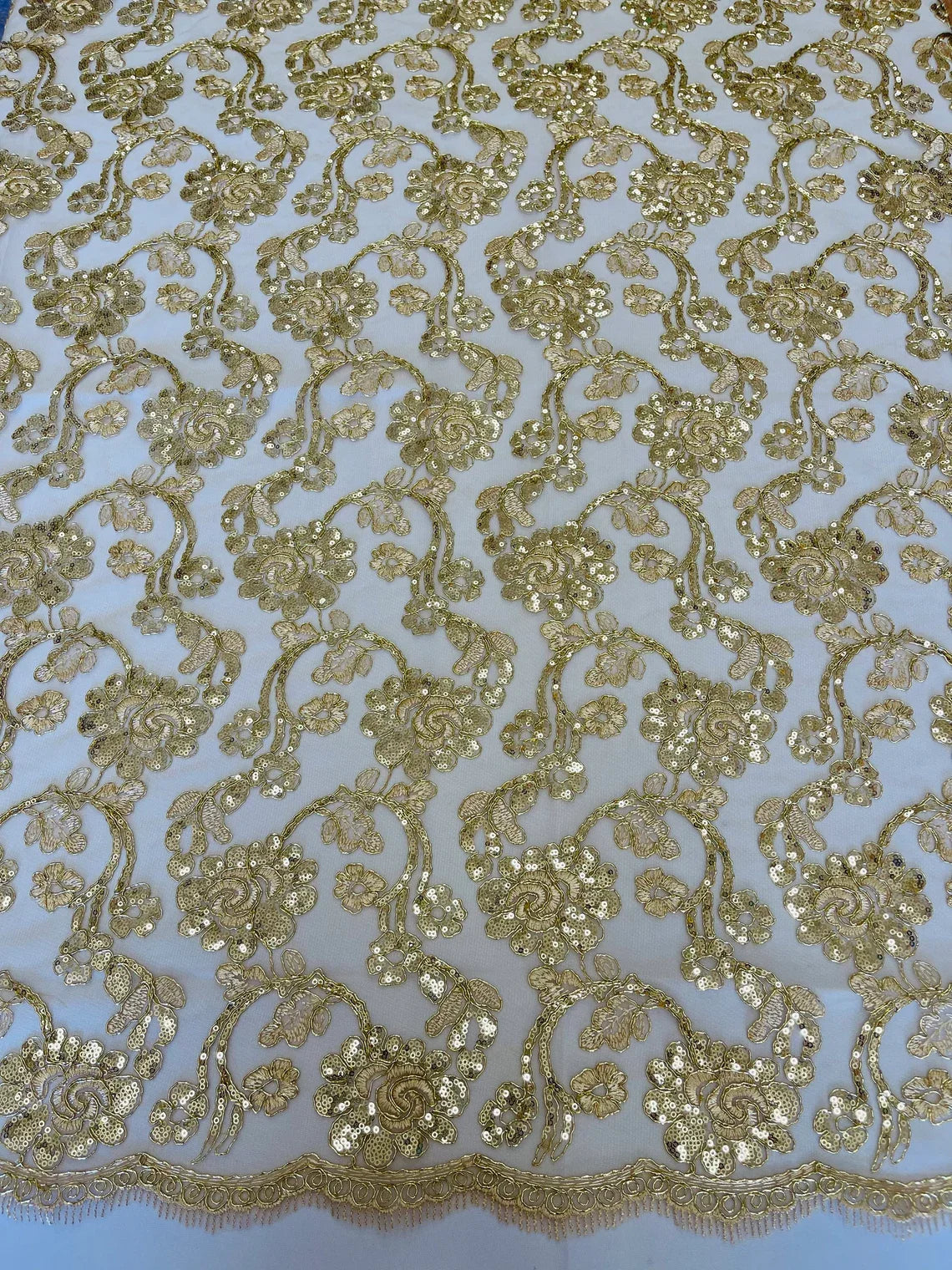 Embroidered Flower Lace - Champagne - Corded Floral Lace With Sequins Sold By Yard