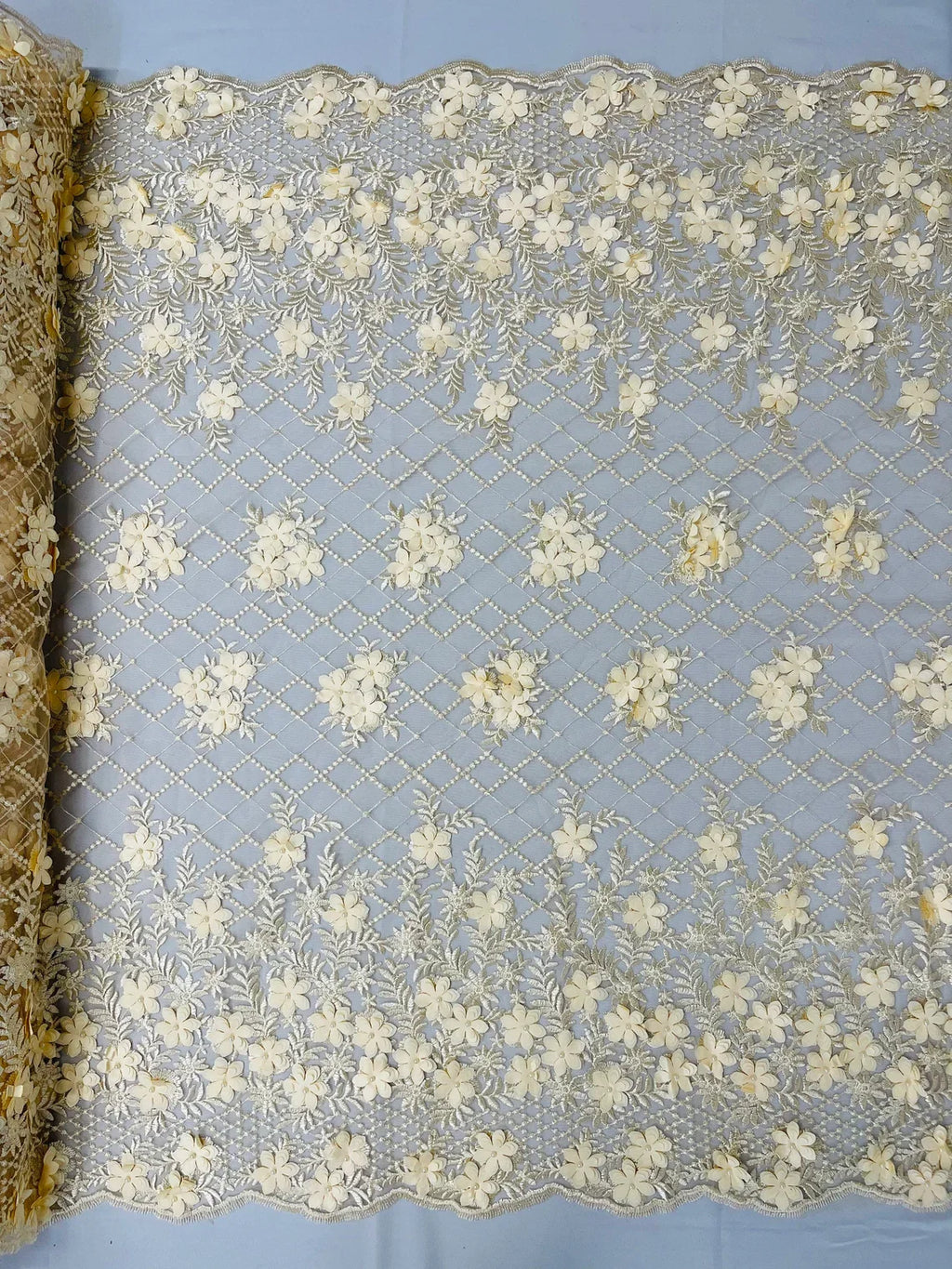 3D Floral Pearl Fabric - Champagne - 3D Triangle Flower Design on Mesh By Yard