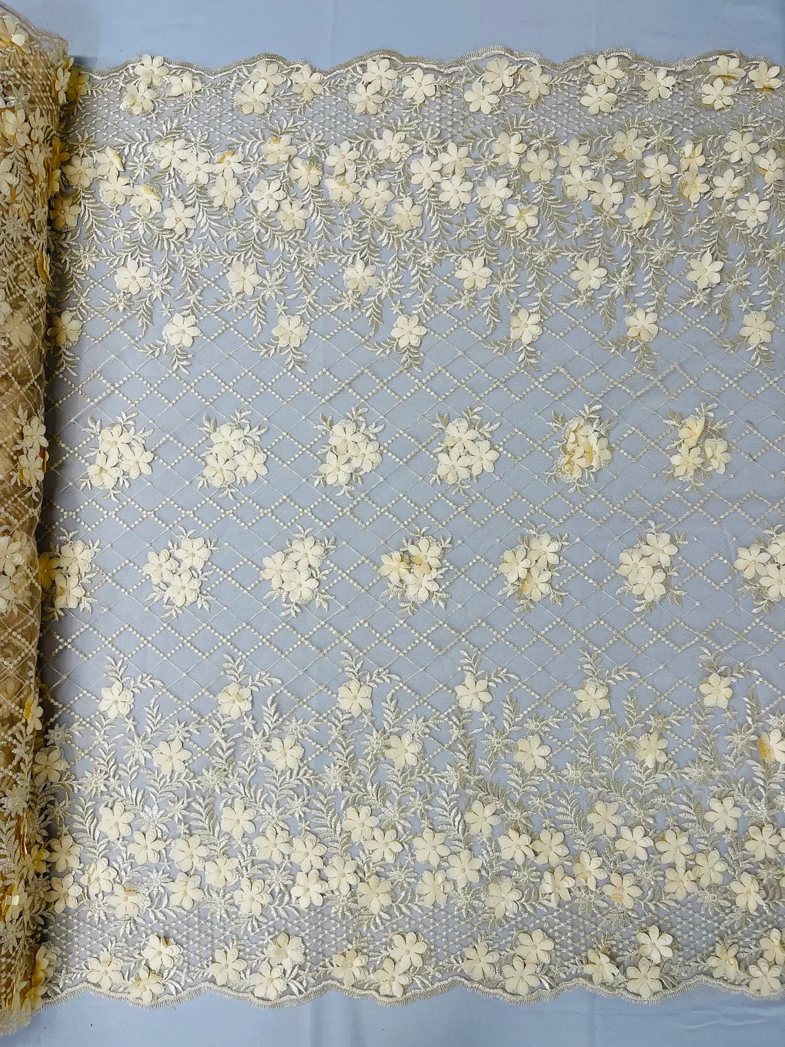 3D Floral Pearl Fabric - Champagne - 3D Triangle Flower Design on Mesh By Yard