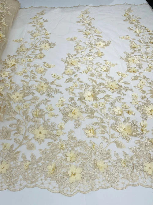3D Pearl Floral Fabric - Floral Design Embroidered on Mesh Lace Fabric - 25 Yard Roll