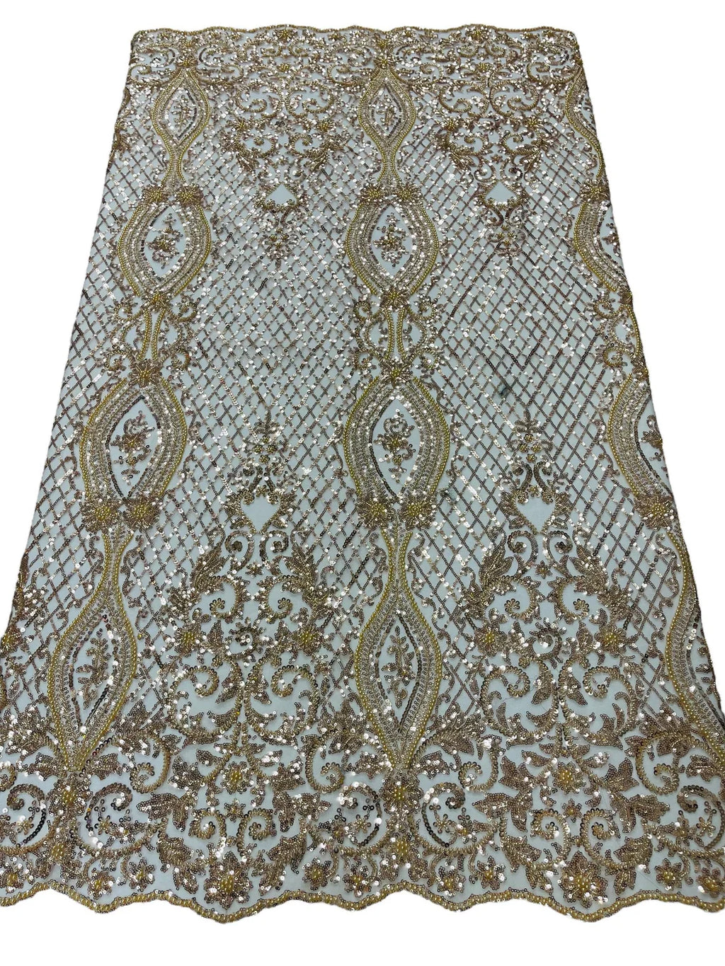 Bead Fashion Damask Fabric - Champagne - Beaded Sequins Geometric Design on Mesh Sold By Yard