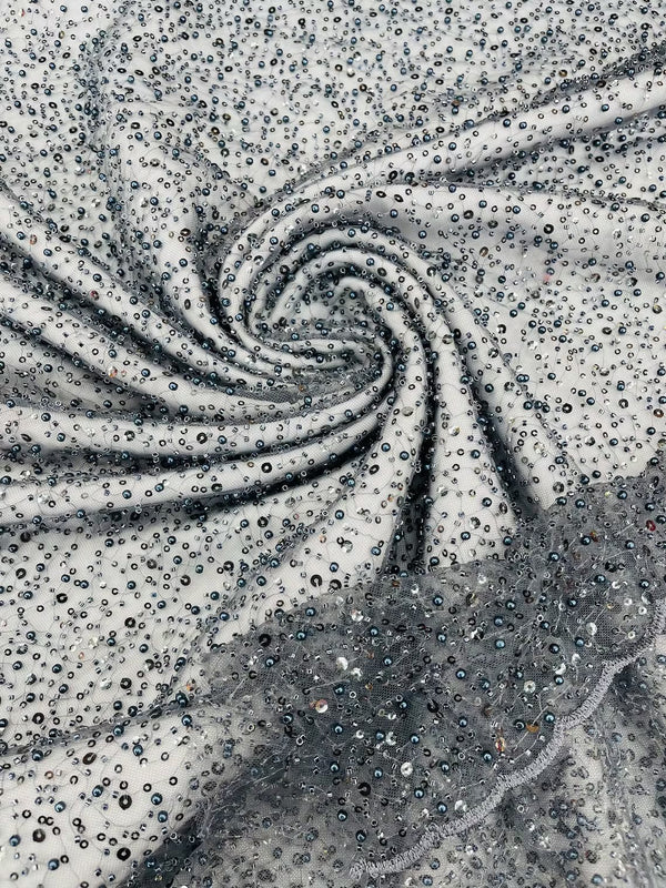 3D Beaded Mesh Fabric - Charcoal - Embroidered Beaded Lace Mesh Fabric with Small Sequins Sold By Yard