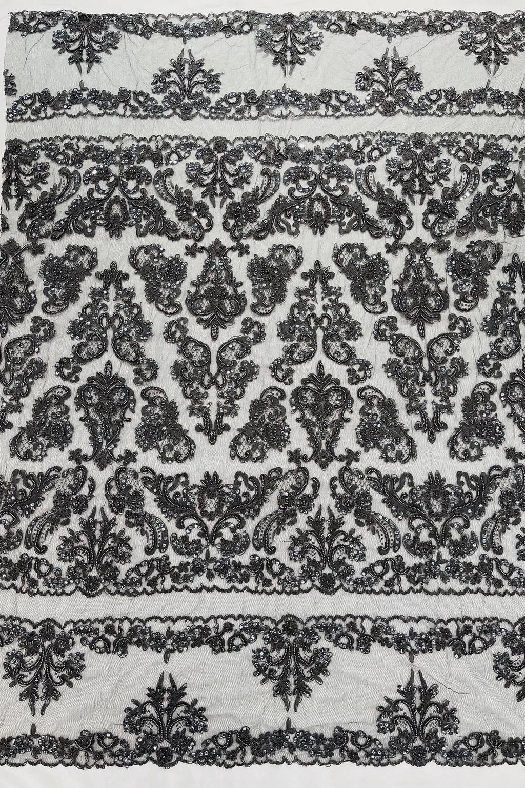Beaded My Lady Damask Design - Charcoal - Beaded Fancy Damask Embroidered Fabric By Yard