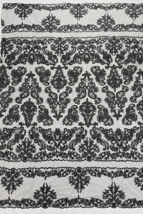 Beaded My Lady Damask Design - Charcoal - Beaded Fancy Damask Embroidered Fabric By Yard