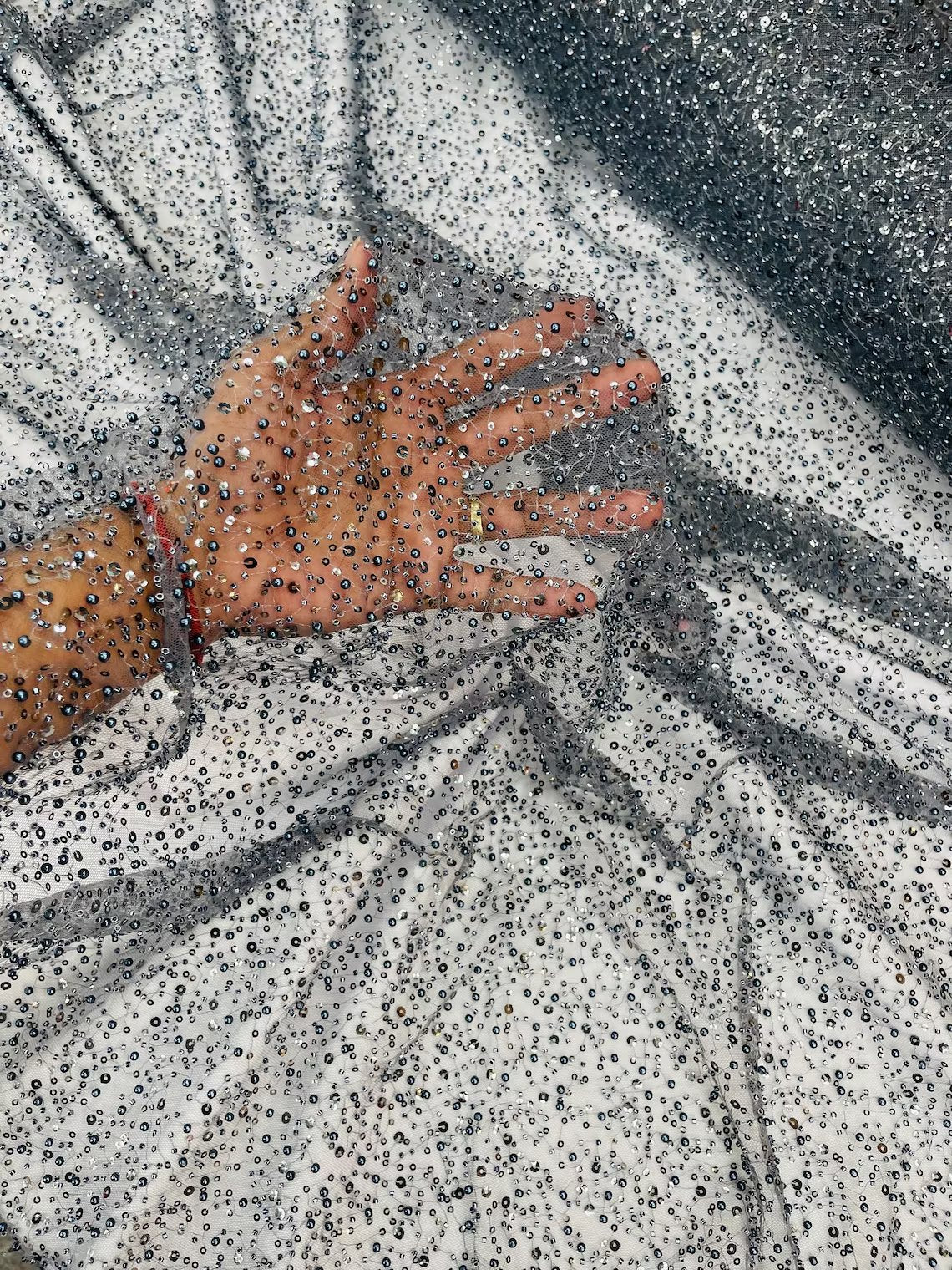 3D Beaded Mesh Fabric - Charcoal - Embroidered Beaded Lace Mesh Fabric with Small Sequins Sold By Yard