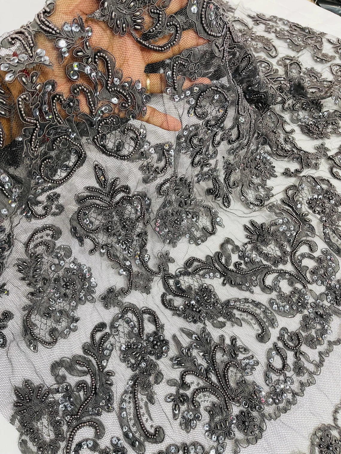 Beaded My Lady Damask Design - Charcoal - Beaded Fancy Damask Embroidered Fabric By Yard