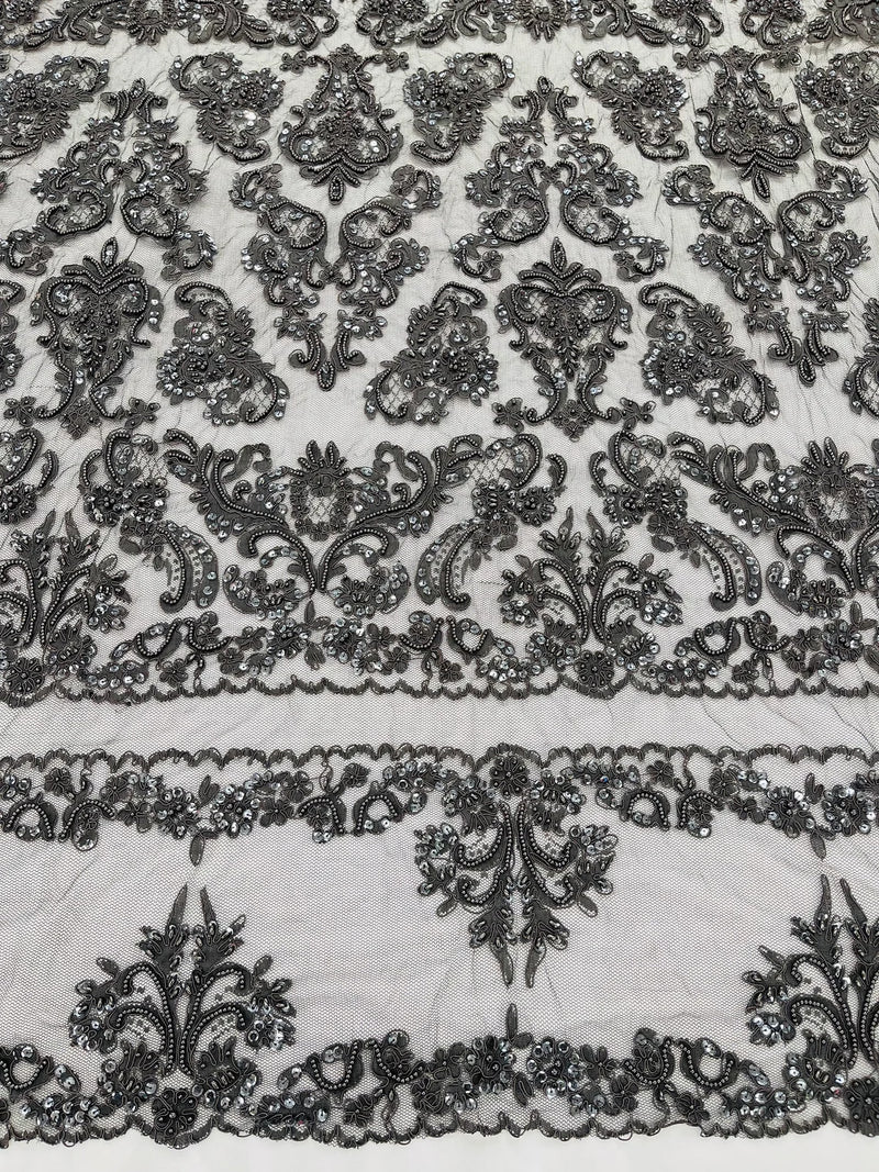 Beaded My Lady Damask Design - Charcoal - Beaded Fancy Damask Embroidered Fabric By Yard