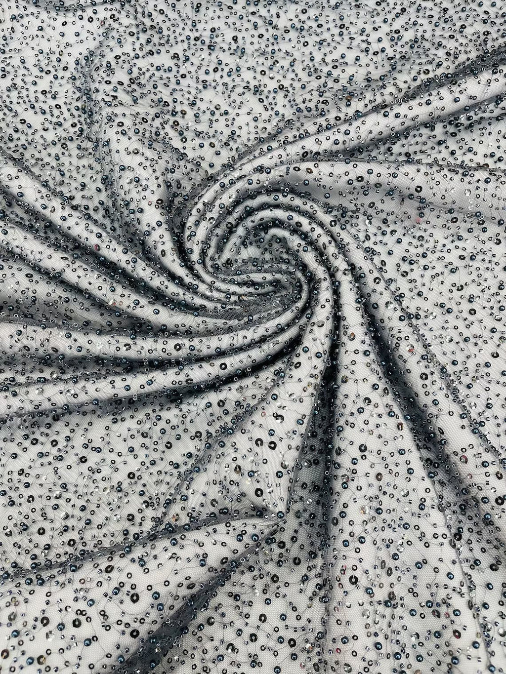3D Beaded Mesh Fabric - Charcoal - Embroidered Beaded Lace Mesh Fabric with Small Sequins Sold By Yard