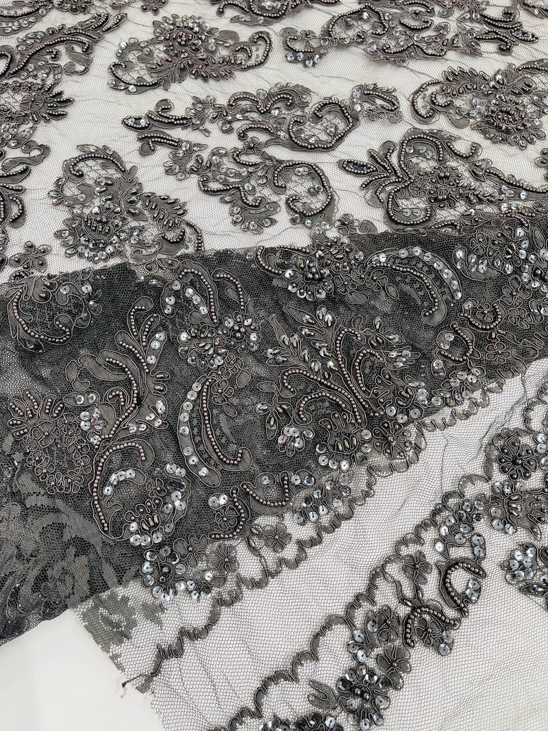 Beaded My Lady Damask Design - Charcoal - Beaded Fancy Damask Embroidered Fabric By Yard