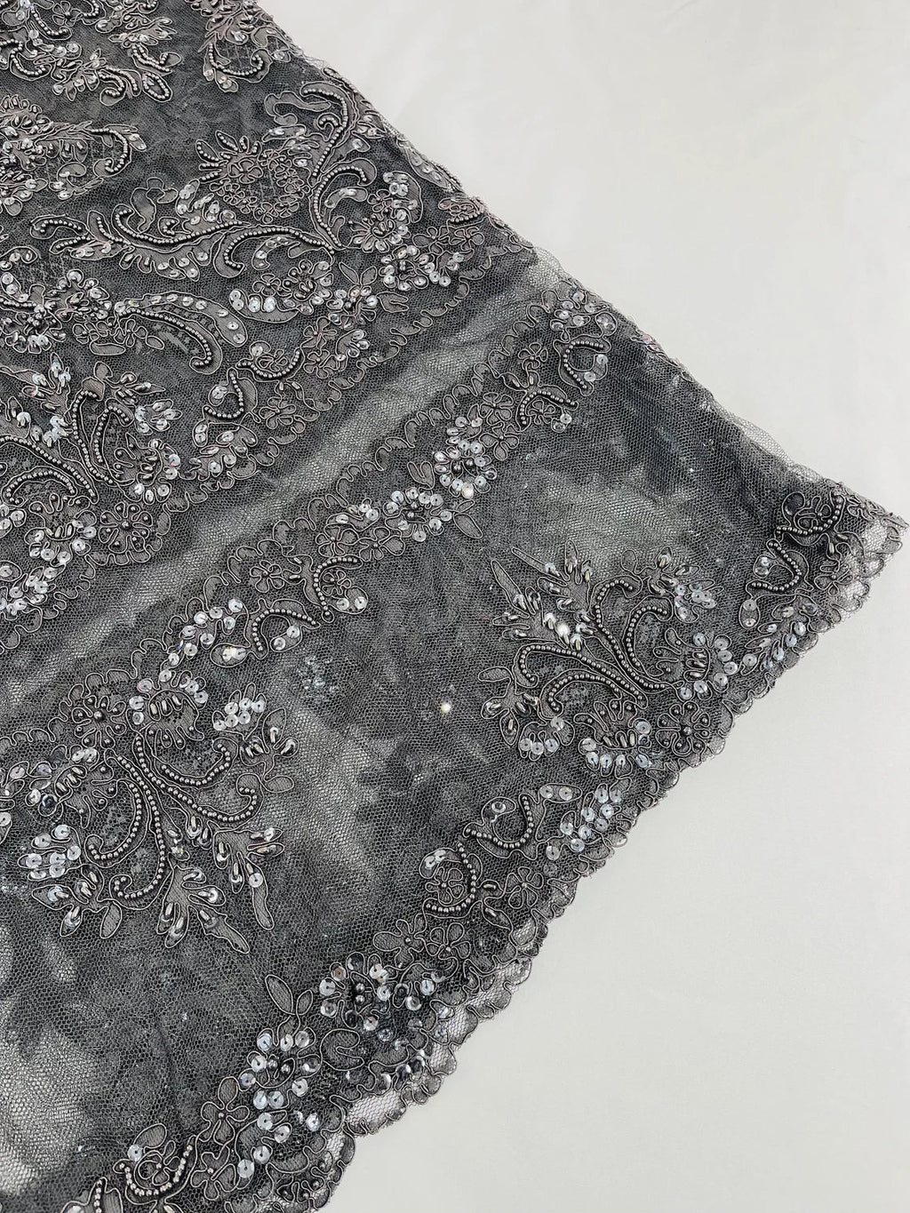 Beaded My Lady Damask Design - Charcoal - Beaded Fancy Damask Embroidered Fabric By Yard
