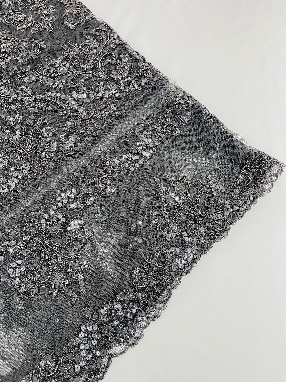 Beaded My Lady Damask Design - Charcoal - Beaded Fancy Damask Embroidered Fabric By Yard