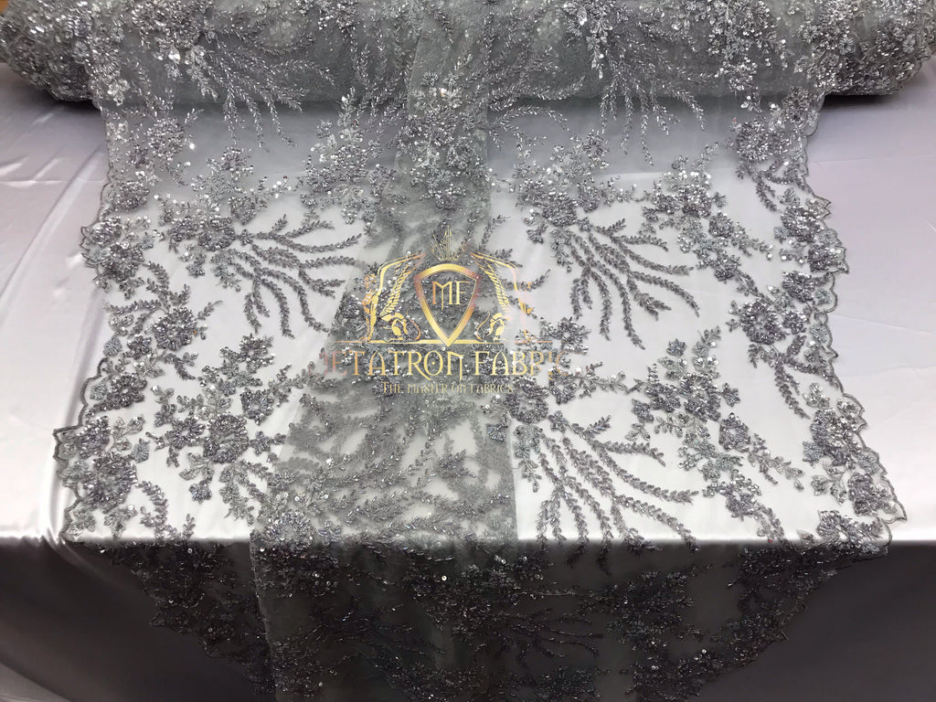 Beaded - Silver - Fancy Flower Design Sequins Fabric with Beads Sold By The Yard