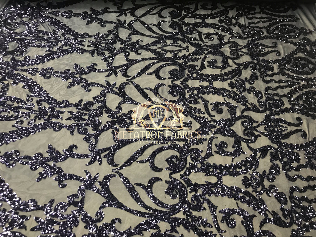 4 Way Stretch - Navy - Sequins Damask Design Fabric Embroidered On Mesh Sold By The Yard