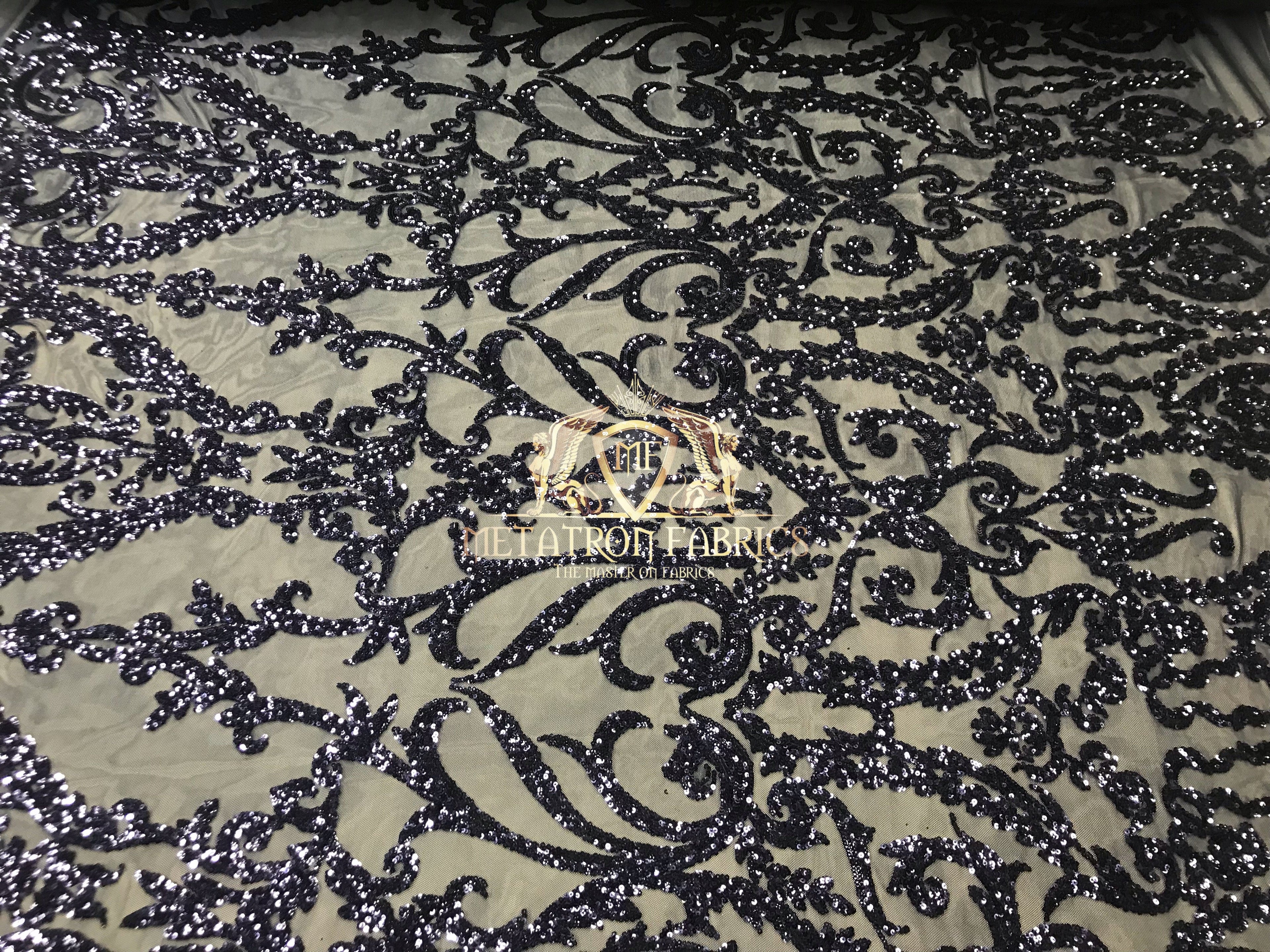 4 Way Stretch - Navy - Sequins Damask Design Fabric Embroidered On Mesh Sold By The Yard