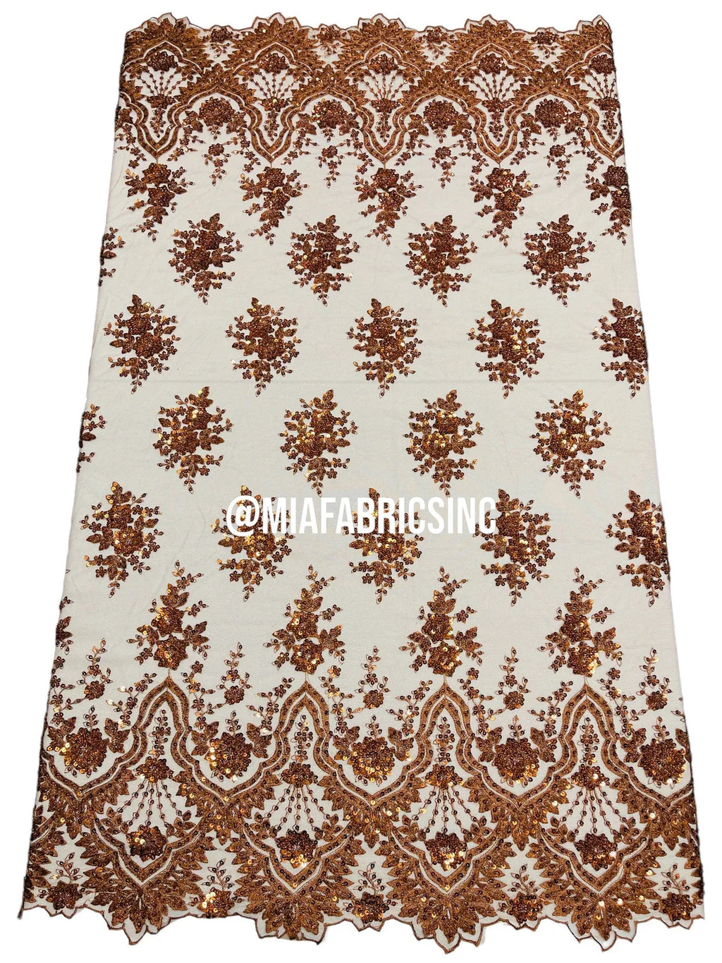 Round Flower Beaded Fabric - Cinnamon - Embroidered Fashion Design Beads and Sequins On Mesh by The Yard