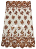 Round Flower Beaded Fabric - Cinnamon - Embroidered Fashion Design Beads and Sequins On Mesh by The Yard
