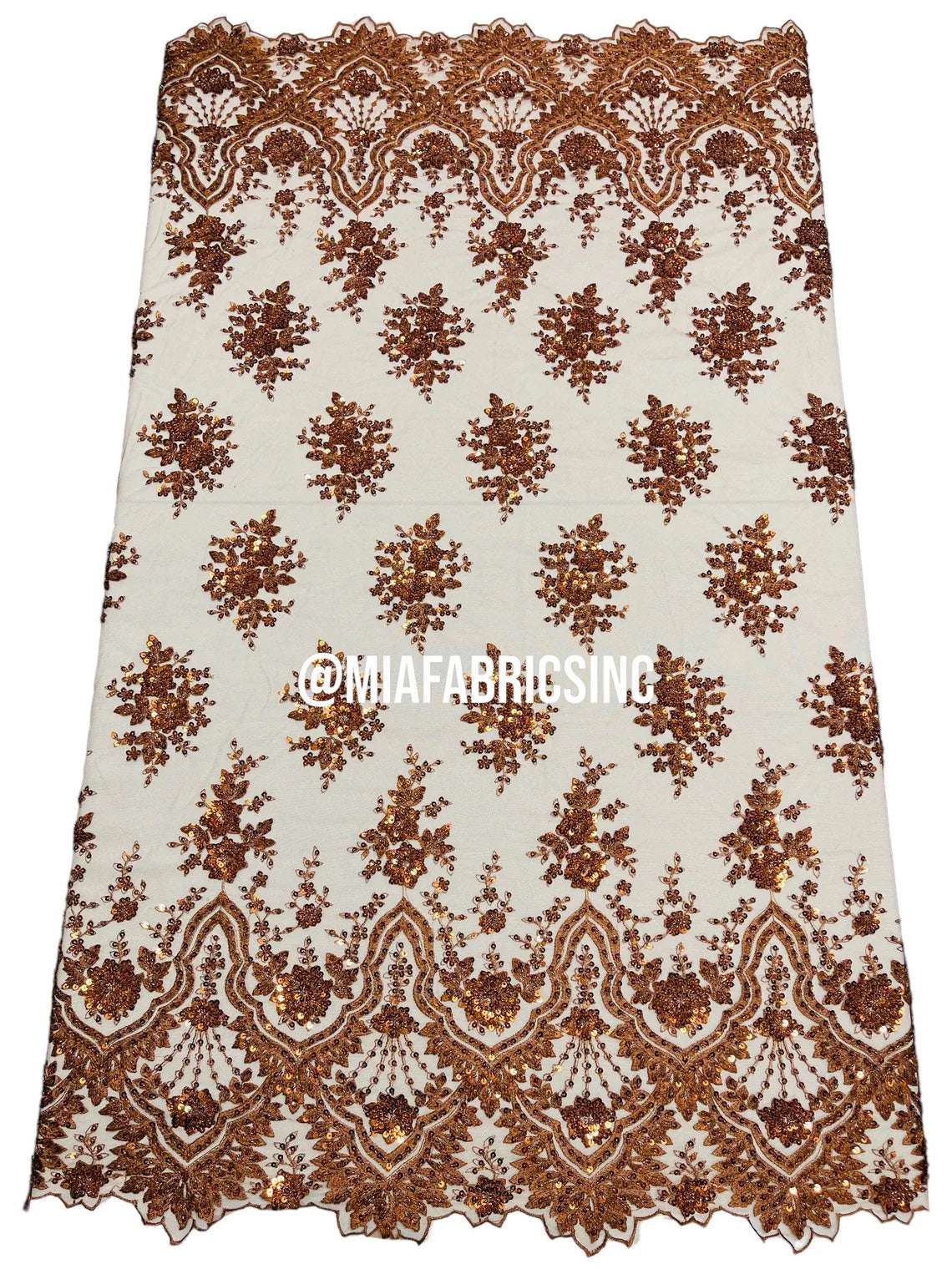Round Flower Beaded Fabric - Cinnamon - Embroidered Fashion Design Beads and Sequins On Mesh by The Yard