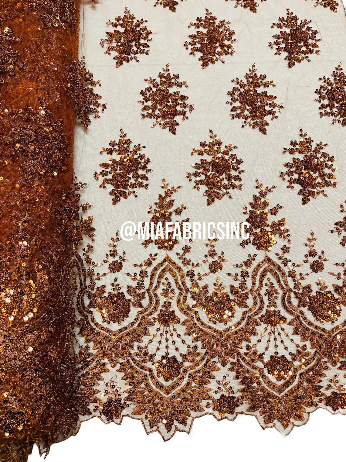 Round Flower Beaded Fabric - Cinnamon - Embroidered Fashion Design Beads and Sequins On Mesh by The Yard