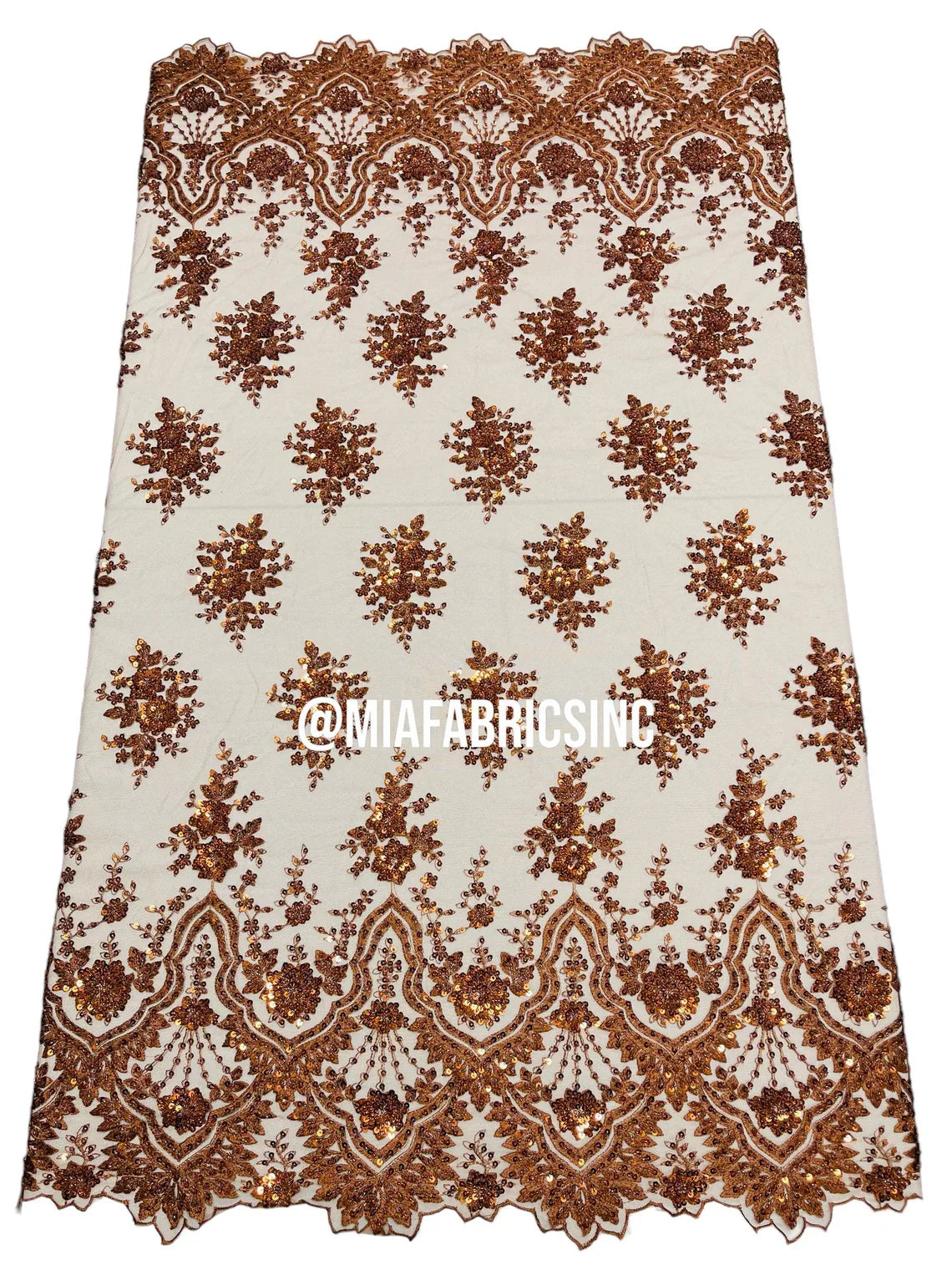 Round Flower Beaded Fabric - Cinnamon - Embroidered Fashion Design Beads and Sequins On Mesh by The Yard
