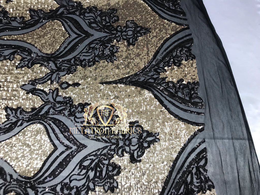 4 Way Stretch - Black and Gold - Two Tone Flower Design Sequins On Stretch Mesh Sold By The Yard