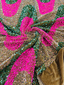 Wavy Line Velvet Sequins - Clear/Hot Pink/Green - Velvet Sequins 2 Way Stretch Fabric 58/60” By Yard