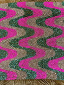 Wavy Line Velvet Sequins - Clear/Hot Pink/Green - Velvet Sequins 2 Way Stretch Fabric 58/60” By Yard