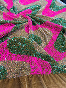 Wavy Line Velvet Sequins - Clear/Hot Pink/Green - Velvet Sequins 2 Way Stretch Fabric 58/60” By Yard