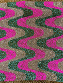 Wavy Line Velvet Sequins - Clear/Hot Pink/Green - Velvet Sequins 2 Way Stretch Fabric 58/60” By Yard