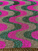 Wavy Line Velvet Sequins - Clear/Hot Pink/Green - Velvet Sequins 2 Way Stretch Fabric 58/60” By Yard