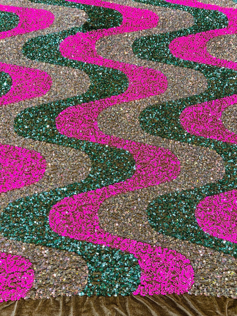Wavy Line Velvet Sequins - Clear/Hot Pink/Green - Velvet Sequins 2 Way Stretch Fabric 58/60” By Yard