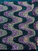 Wavy Line Velvet Sequins - Clear / Hunter Green / Rose - Velvet Sequins 2 Way Stretch Fabric 58/60” By Yard