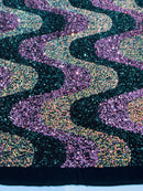 Wavy Line Velvet Sequins - Clear / Hunter Green / Rose - Velvet Sequins 2 Way Stretch Fabric 58/60” By Yard