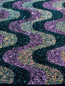 Wavy Line Velvet Sequins - Clear / Hunter Green / Rose - Velvet Sequins 2 Way Stretch Fabric 58/60” By Yard