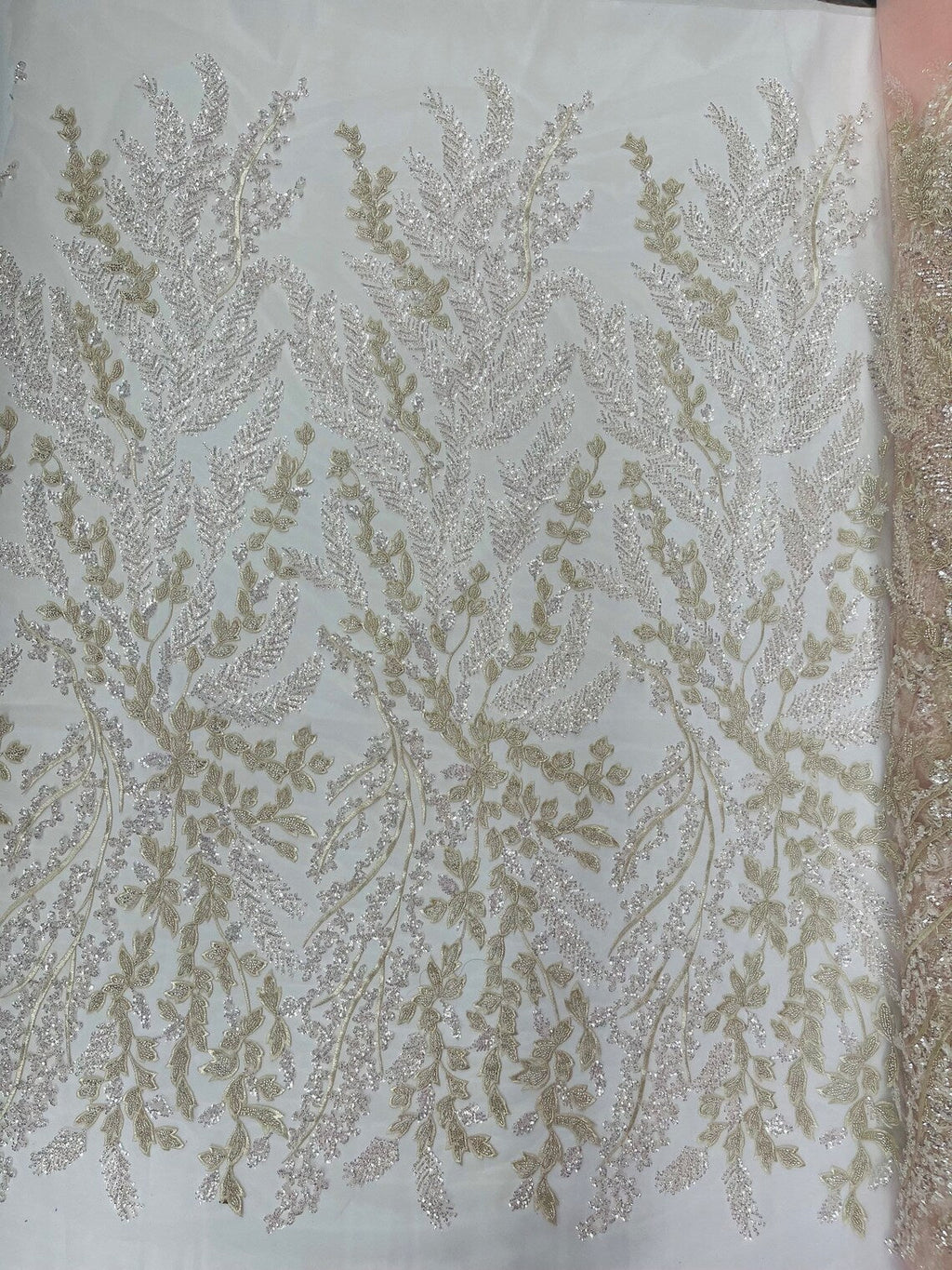 Floral Leaf Bead Sequins Fabric - Clear Pink - Leaf Nature Beaded Sequins Lace Fabric by the yard