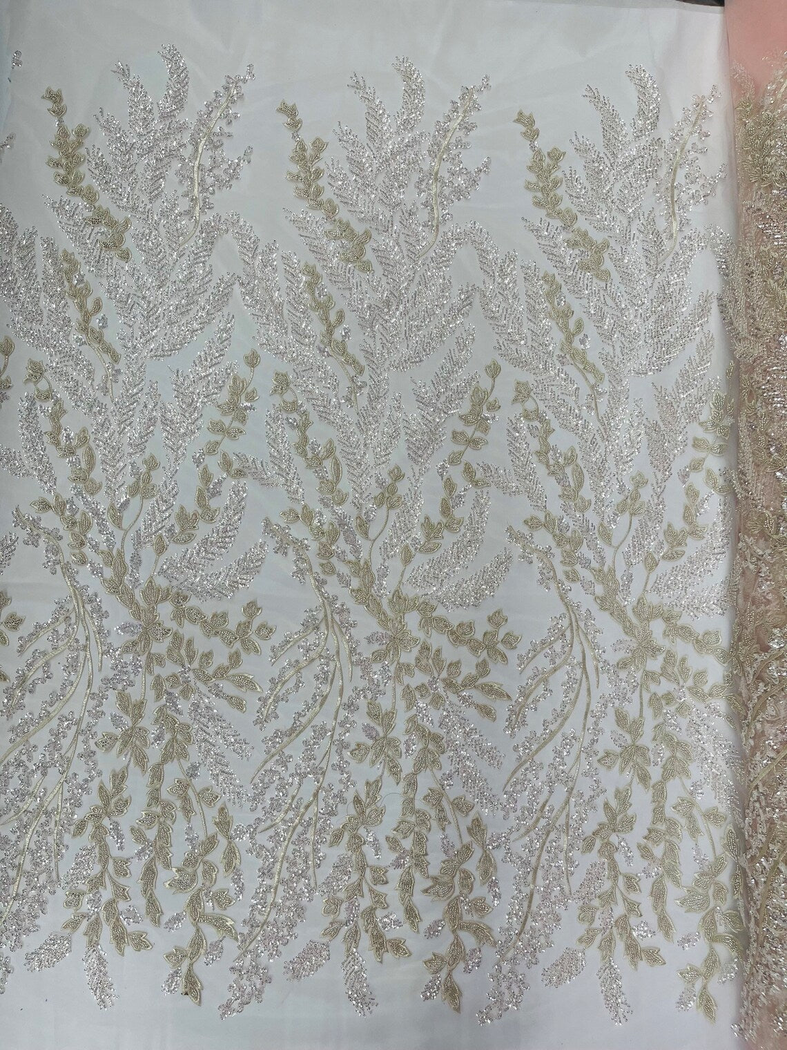 Floral Leaf Bead Sequins Fabric - Clear Pink - Leaf Nature Beaded Sequins Lace Fabric by the yard