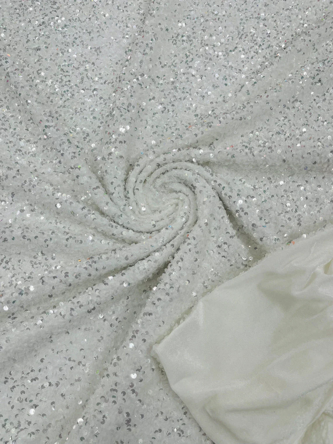 Stretch Velvet Sequins Fabric - Clear / Silver on White - Velvet Sequins 2 Way Stretch 58/60” By Yard