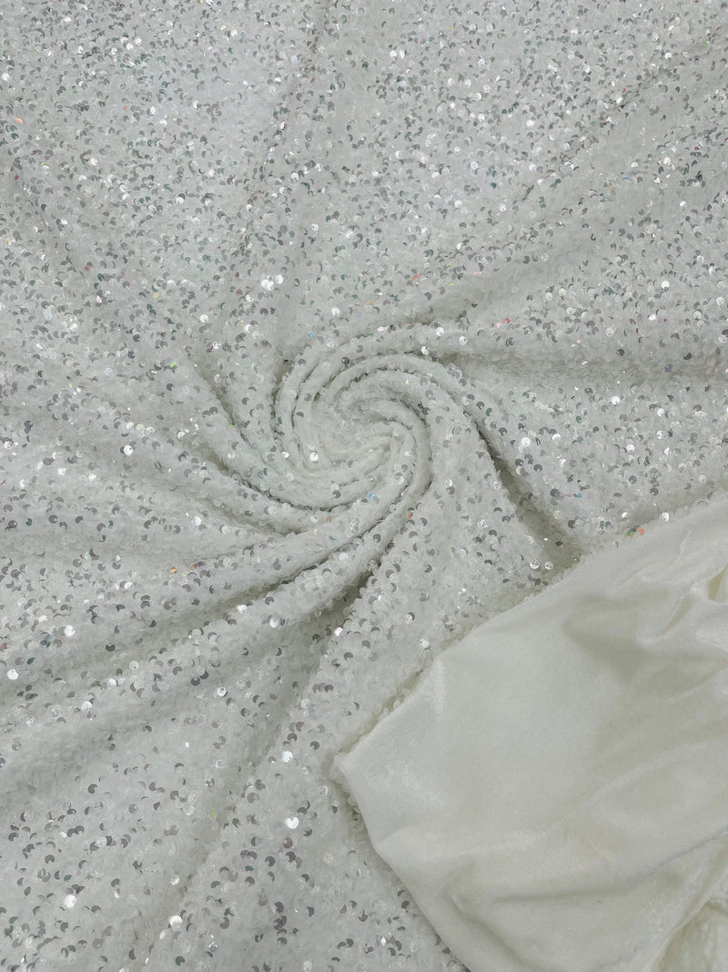 Stretch Velvet Sequins Fabric - Clear / Silver on White - Velvet Sequins 2 Way Stretch 58/60” By Yard
