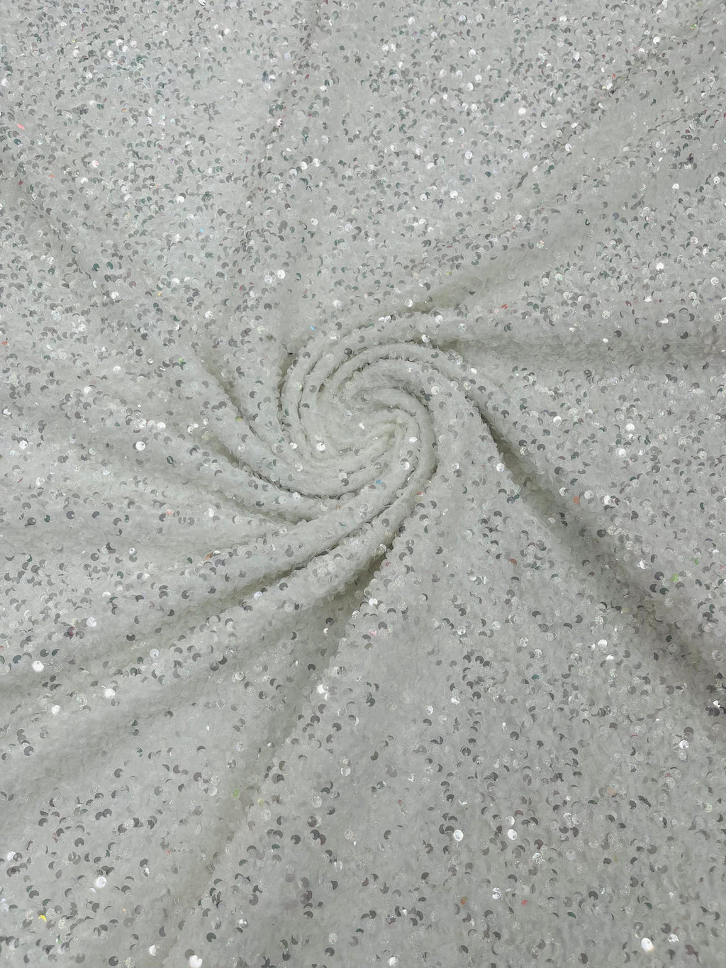 Stretch Velvet Sequins Fabric - Clear / Silver on White - Velvet Sequins 2 Way Stretch 58/60” By Yard