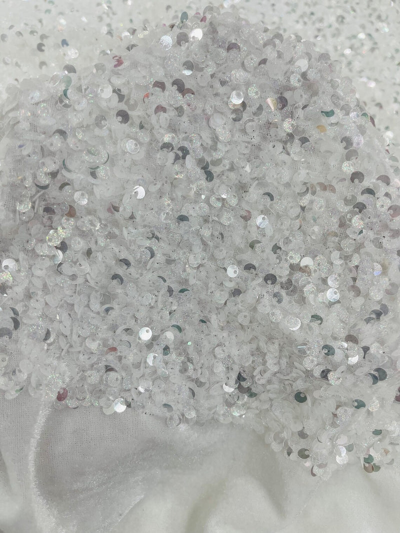 Stretch Velvet Sequins Fabric - Clear / Silver on White - Velvet Sequins 2 Way Stretch 58/60” By Yard
