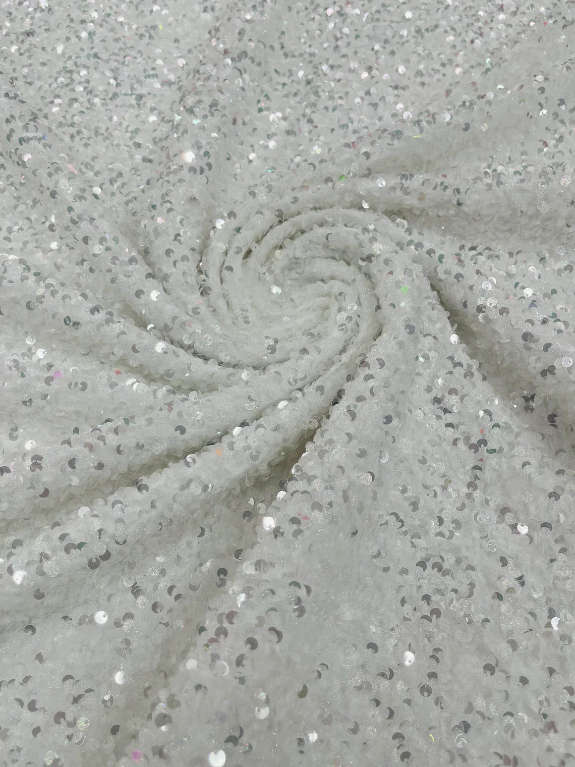 Stretch Velvet Sequins Fabric - Clear / Silver on White - Velvet Sequins 2 Way Stretch 58/60” By Yard