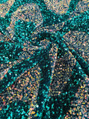 Wavy Line Velvet Sequins - Clear / Teal - Velvet Sequins 2 Way Stretch Fabric 58/60” By Yard