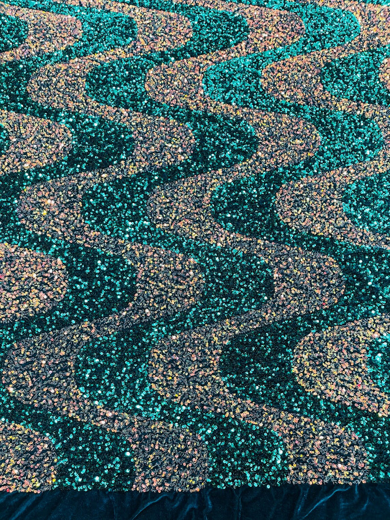 Wavy Line Velvet Sequins - Clear / Teal - Velvet Sequins 2 Way Stretch Fabric 58/60” By Yard