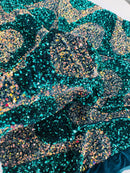 Wavy Line Velvet Sequins - Clear / Teal - Velvet Sequins 2 Way Stretch Fabric 58/60” By Yard