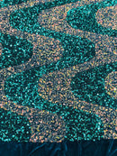 Wavy Line Velvet Sequins - Clear / Teal - Velvet Sequins 2 Way Stretch Fabric 58/60” By Yard