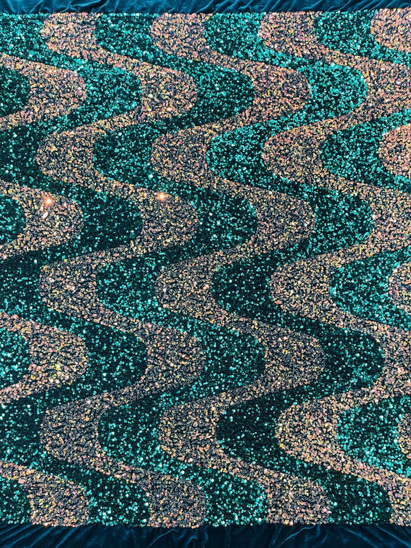 Wavy Line Velvet Sequins - Clear / Teal - Velvet Sequins 2 Way Stretch Fabric 58/60” By Yard