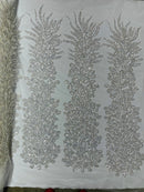 3D Beaded Peacock Feathers - Clear - Sequins Embroidered Beaded Vegas Design On a Mesh Lace Fabric (Choose The Panels)