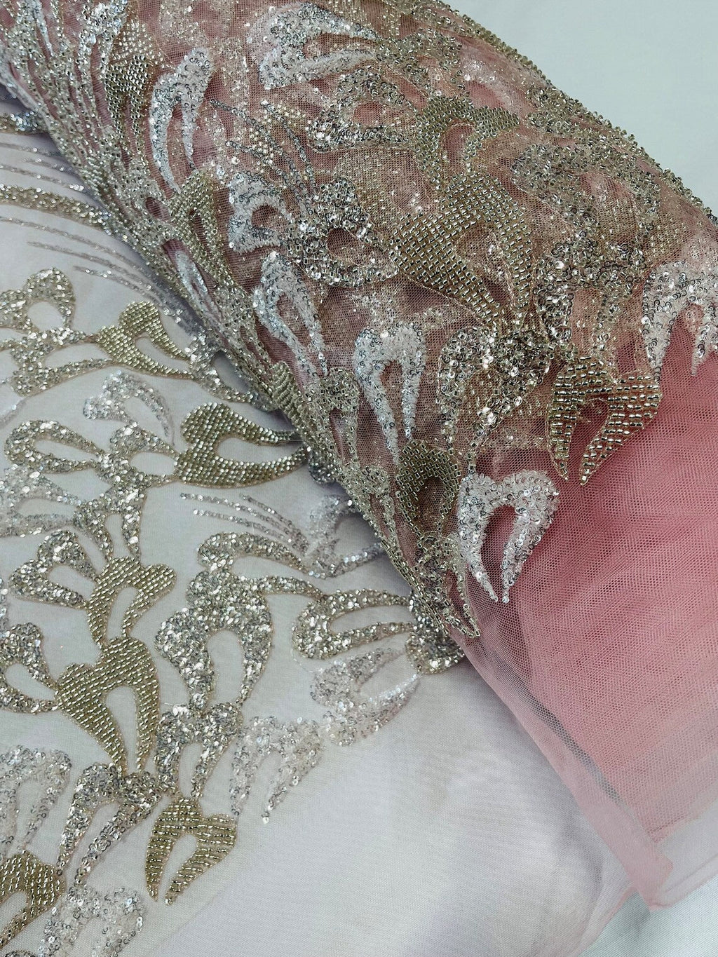 Fancy Wavy Leaf Bead Fabric - Clear on Pink - Leaf Line Beaded Design Embroidered Mesh By Yard