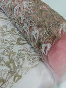 Fancy Wavy Leaf Bead Fabric - Clear on Pink - Leaf Line Beaded Design Embroidered Mesh By Yard