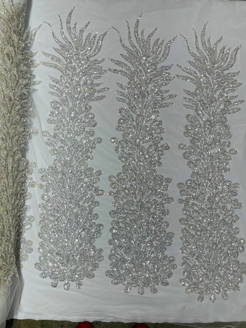 3D Beaded Peacock Feathers - Clear - Sequins Embroidered Beaded Vegas Design On a Mesh Lace Fabric (Choose The Panels)